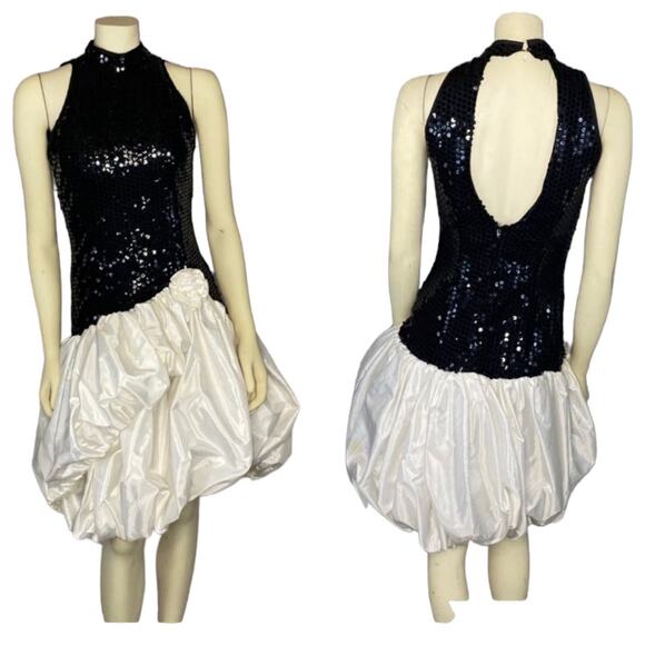 80s Dave & Johnny Sequin Halter Bubble Hem Open back Dress Black & White Medium - Picture 1 of 16